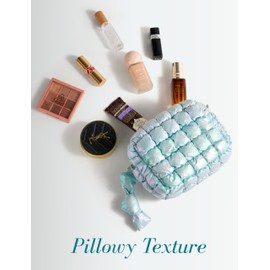 Yarnic Quilted Makeup Bag Puffy Cosmetic Bag, Quilt Travel Toiletry Bag Puffer for Women, Cute Makeup Bag OrganizerSoft Makeup Pouch (Iridescent Blue, S)