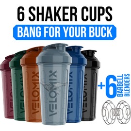 VELOMIX -6 PACK- 28 oz Protein Shaker Bottle for Protein Mixes -6x Wire Whisk | Leak Proof Shaker Cups for Protein Shakes | Large, Stackable Protein Shaker Bottle Pack