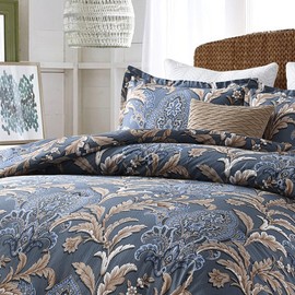 Quilta Cotton Comforter Cover Queen Size - Navy Vintage Damask Comforter Set with Floral Pattern, Ultra Soft Duvet Insert, Warm Comforter Bedding Set with 2 Pillowshams, Navy Blue/Brown
