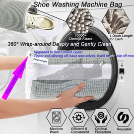 Shoe Washing Machine Bag 2pcs Grey with 2 Pairs of Adjustable Shoe Trees, Fluffy Fibers Keep 360° Wrap-around Cleaning, Reusable Shoe Bag for Washing Machine with Durable Self-Locked Hidden Zipper