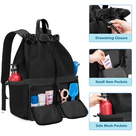 Fasrom Mesh Beach Backpack with Waterproof Bag and Pocket, Large Drawstring Swim Bag Backpack for Travel, Gym and Pool Sports, Black (Patent Design)