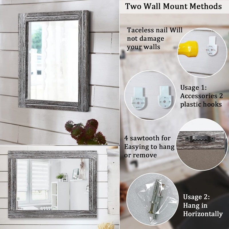 AAZZKANG Rustic Mirror Wood Framed Wall Mirror 20"x16" Rectangle Decorative