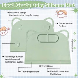 Domensi 1 Pack Silicone Suction Placemat with Teething Edge Bumper/Spill for Baby Toddlers Kids with Storage Bag, Non-Slip Dinning Table Mat, Dishwasher Safe for Table (Green)