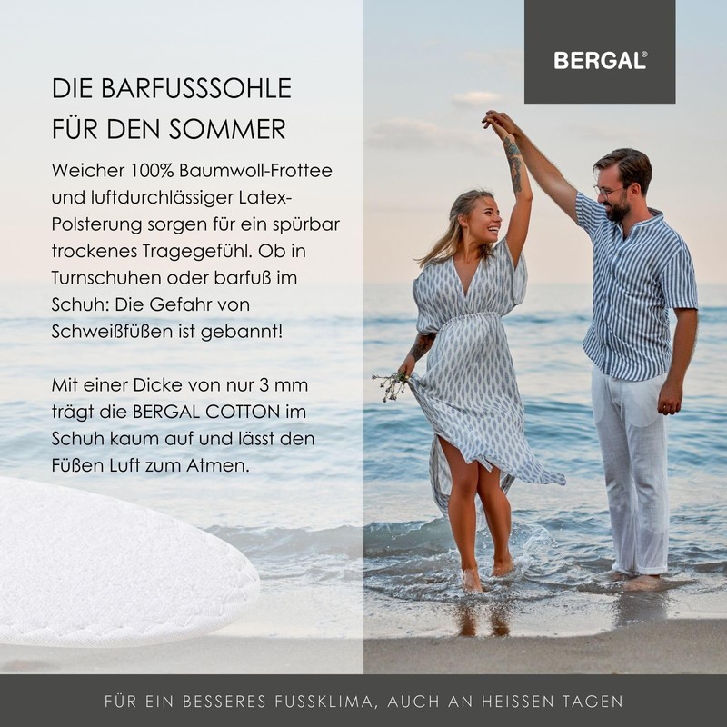 Bergal Barefoot Insoles - Thin Insole - White, UK 6.5