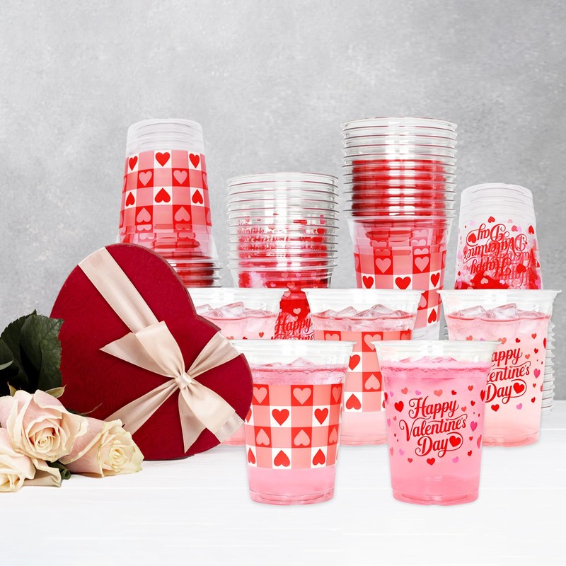 YISKUOPU 50Pcs Valentines Plastic Cups, 12oz Red Pink Valentines Day