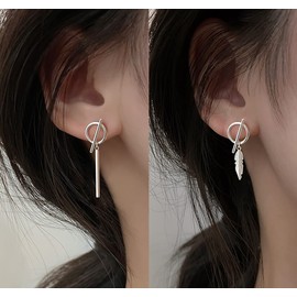 SLUYNZ 925 Sterling Silver Bar Dangle Earrings for Women Feather Drop Earrings Circle Studs (A-Silver)