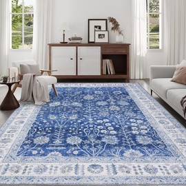 GarveeHome Vintage Floral Medallion Area Rug 8x10 - Machine Washable, Waterproof, Super Soft Faux Wool Carpet, Non-Slip Low Pile, Kid & Pet Friendly, Home DéCor for Bedroom, Living Room.Blue
