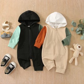 Ynibbim Baby Boy Romper Infant Toddler Clothes Color Block Jumpsuit Fall Winter Zipper Hooded Outfit