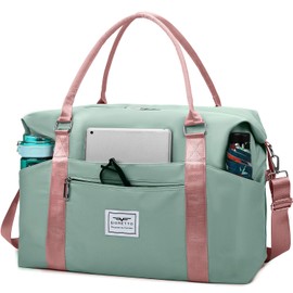 FIORETTO Womens Sports Gym Tote Bag Duffle Bag with Wet Pocket, Travel Bag Weekend Overnight Bags with Removable Strap, Water-Resistant Carry On Bag Hospital Holdalls for Women Green&Pink