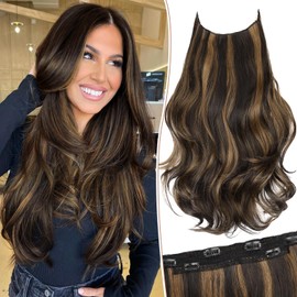 KooKaStyle Invisible Wire Hair Extensions Long Straight Layered Synthetic with Transparent Wire Adjustable Size 6 Secure Clips Hairpieces for Women 20 Inch (20 Inch, Balayage Dark Brown to Chestnut)