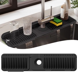 24 Inch Silicone Faucet Mat for Kitchen Sink Splash Guard – 2025 Upgraded Draining Mat with Water Tray Behind Faucet – Countertop Protectors to Catch Spills (Black, 24" x 5.5" )