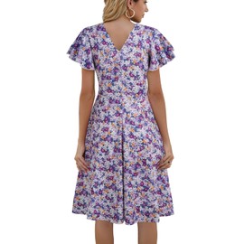 HELYO Fit and Flare Dresses for Women Petite Semi-Formal Pockets Ruffle Sleeves V-Back Casual Work Party Flower Print Cocktail Dress 842 Purple Floral XXL