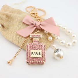 MyfavoriteK Perfume Keychain for Women Elegant Chic Key Chain Charm for Purse Cute Keychain Pearls Wristlet (Pink)