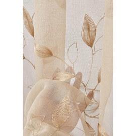 FLCSIed Elegant Sheer Curtains with Embroidered Leaf Design Spring Floral Curtains for Bedroom Light Filtering Rod Pocket Window Treatments Decor 2 Panels (Beige, 52inch*84inch(132cm*213cm))