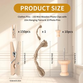 Natural Wooden Small Clips,Clothes Pins – 150 Mini Wooden Photo Clips with 10m Hanging Twine & 10 Photo Pins, Perfect for DIY Displays & Crafts