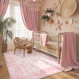 LIVEBOX Pink Area Rug 5x7, Vintage Living Room Rug Machine Washable Area Rugs, Pink Rugs for Bedroom Girls, Indoor Carpet for Dining Room Nursery Dorm Home Decor