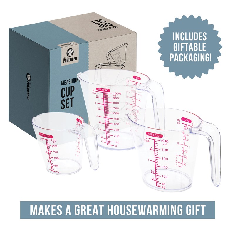 Chef Pomodoro 3-Piece Measuring Cups, Multiple Measurement Scales - Includes