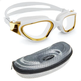 AqtivAqua Swim Goggles Swimming Goggles for Adult Men Women Kids 6-14 Youth Girls Boys Childrens DX-C (Metallic Gold, Silver case, Clear lens)