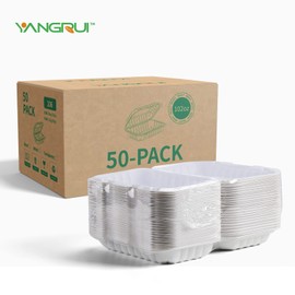 YANGRUI Clamshell Food Containers, Shrink Wrap 50 Pack 9 x 6 Inch 28 OZ Plastic Hinged To Go Containers Microwave Freezer Safe BPA Free Biodegradable Take Out Container
