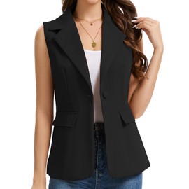 Women's Sleeveless Blazer Vest Lightweight Fully Lined Single Button Fashion Casual Summer Work Office Jacket with Pockets (US, Alpha, Large, Regular, Regular, Black)