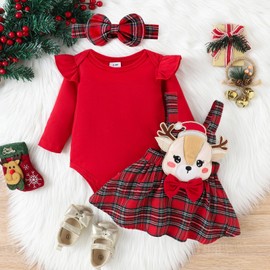 DOMOABEI Baby Girl Christmas Outfit6-9 Months Fall Winter Clothes Long Sleeve Romper Plaid Suspenders Skirt Elk Embroidery Baby Girl Fall Christmas Dress Headband 3 Pcs Red 6-9 Months