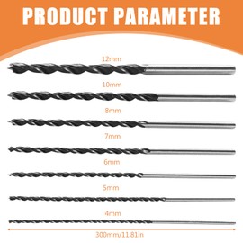 Wood Drill Bit Set Long, 30 cm Professional Auger Drill, Wood Snake Drill Bit Set, Extra Sharp, Bar Drill Long Wood Spiral Drill Bit Diameter 4 mm 5 mm 6 mm 7 mm 8 mm 10 mm 12 mm for Woodworking