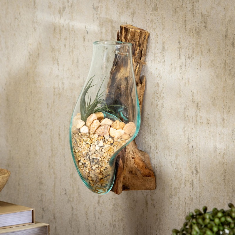 Cape Craftsmen Wall Mounted Molten Glass Hanging Terrarium on Driftwood,