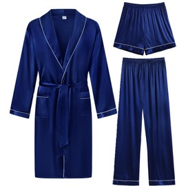 SWOMOG Men's 3-Piece Luxurious Silk Bathrobes Long Sleeve Satin Kimono Robe Sleepwear Set Bathrobes