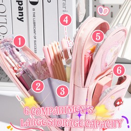 FULHANY Aesthetic Pencil Case - Pencil Case Girls 3 Compartments - School Case - Pink Pencil Case with Decorative Patches, Perfect School Material for Students