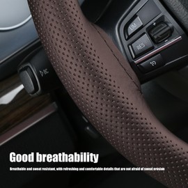 Dewkou 1 PC Breathable Steering Wheel Cover, Leather Sewnable Waterproof Steering Wheel Cover, 14.9In Steering Wheel Cover for Car Truck SUV (Coffee #1101)
