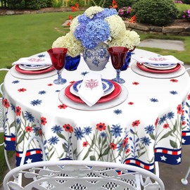 4th of July Round Tablecloth 60inchs, Independence Day Memorial Day Table Cover America Red Blue Floral Decorative Table Cloth Dining Table Cover, Summer Seasonal Dinner Party Picnic Decoration