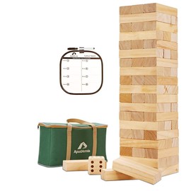 ApudArmis Giant Tumble Tower Stack to Over 5Ft, 60 PCS Pine Wooden Stacking Timber Game with 1 Dice Set - Classic Block Giant Outdoor Game (7.48 * 2.48 * 1.5 in Each Block)