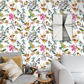 Vintage Floral/Bird/Branch Peel and Stick Wallpaper Multi-Coloured Watercolor Removable Waterproof Decorative Contact Paper Vinyl Self Adhesive Wallpaper for Living Room Bedroom 17.71 in X 236.2 in