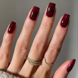 KQueenest Acrylic Press on Nails Short Medium Square, Burgundy Red False Nails Short Coffin, Glossy Natural Solid Color Fake Nails Set, Reusable Gel Stick on Nail for Women Finger Daily Wear 24 Pcs