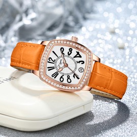 T-ENGINE Luxury Women's Watch with Genuine Leather Strap, Diamond Inlay | Fashion Vintage Design (Orange Band/Gold Dial)
