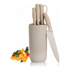 6-Pieces Beige Wooden Coating Stainless Steel Kitchen Knife Set with Block