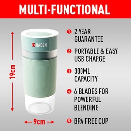Haden Portable Blender – Electric Portable Smoothie & Shake Blender with Protective Sleeve 80W, 3c00ml Personal Blender - Sage Green