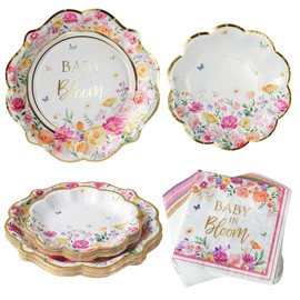 Kate Aspen Baby in Bloom 62 Piece Party Tableware Set Baby Shower Party Decorations Plates & Napkins, Vibrant Floral Botanical (16 Guests)- Perfect for Greenery Baby Shower