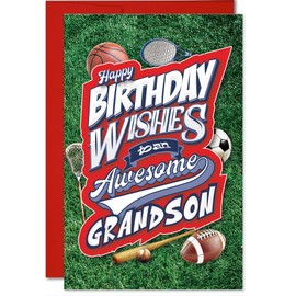 MegaCalendars Happy Birthday Card with Self-Adhesive Envelope for Grandson, Cute Custom Party Designs, Premium 320 GSM Cardstock, Made in USA - Sports