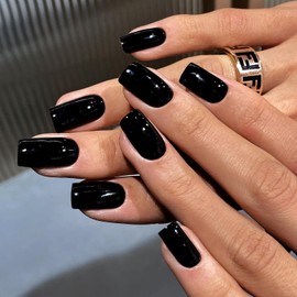 Black Press on Nails Short Medium Square Glue on Nails Set,Xcreando Summer Square Fake Nails Short Coffin Nails Press ons Gel Nails Medium Length False Nails For Women 24 Pcs