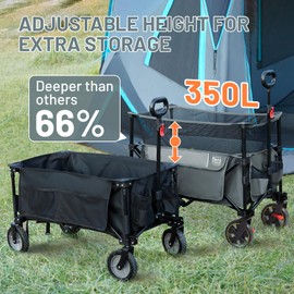 TIMBER RIDGE 350L Extra Large Collapsible Folding Wagon Carts with Brake, Heavy Duty Outdoor Camping Utility Wagons with Extended Height, Adjustable Handle, Cup Holders, Side Bag (Gray)