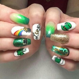 St. Patrick's Day Nail Art Stickers Decal 3D Green Shamrocks Nail Self-Adhesive Sticker Green Dwarf Hat Letters Nail Transfer Decals Designs for Women Girls Manicure Holiday Decorations(10 Sheets)