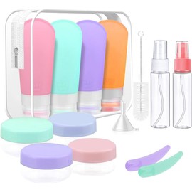 Kit de Viaje Aseo Personal, Set de 16 Travel Essentials, Botellas de Viaje 90ml Avion para Loción/Champú/Acondicionador/Lavado Corporal, Contenedores Reutilizables Anti Fugas, Envases de Silicon