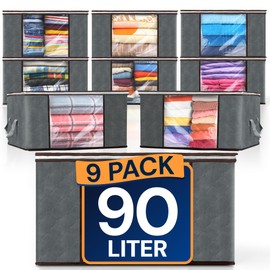 Reli. 90L Large Clothes Storage Bags (9 Pack) Closet Organizers and Storage Containers | Foldable Bins with Lids & Handles | Large Bins for Towels, Comforters, Blankets | Grey
