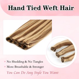 ABH AMAZINGBEAUTY HAIR Weft Hair Extensions Human Hair Sew in Highlighted Hand Tied Weft Hair Extensions Remy Human Hair 50 Gram, Chocolate Brown With Caramel Blonde Highlights Color P4-27, 18 Inch