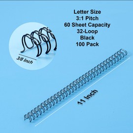 HOUYEE 3/8 Inch Twin Loop Wire Binding Spines,60 Sheet Capacity,100 Pack, 3:1 Pitch, 32 Holes,for Letter Sized Paper,Black Color