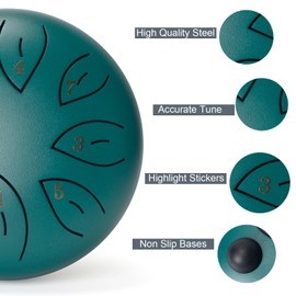 WALTERT W Steel Tongue Drum - 6 Inches 8 Notes Green Handpan Drum with Velvet Bag, Music Book, Drum Mallets, and Finger Picks - Christmas Gift for Yoga, Meditation, and Beginners