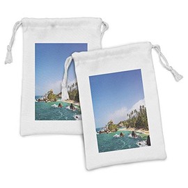 Lunarable National Park Fabric Pouch Set of 2, San Juan del Guia Tayrona Colombia Clear Water Blue Green Spectacle, Small Drawstring Bag for Toiletries Masks and Favors, 9" x 6", Blue Green and White