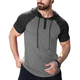 KUYIGO Mens Short Sleeve Hoodies Casual Athletic Workout Fashion Pullover Hooded Sweatshirt with Drawstring LightGray/DarkGray (L)