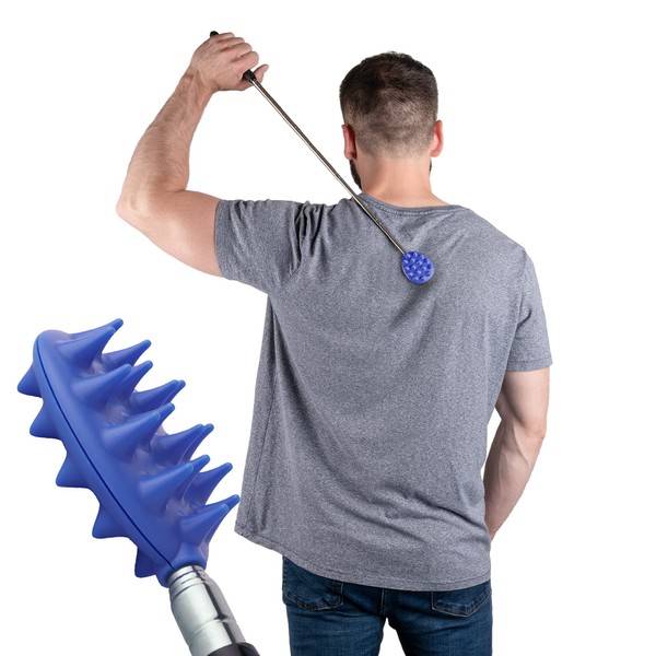 Extendable Cactus Back Scratcher, ABS Plastic, Relieves Itching on Back, Neck, Head, Beard, and Body, 16 Spikes per Side, 8.5 Inches Compact to 24.5 Inches Extended (Blue)